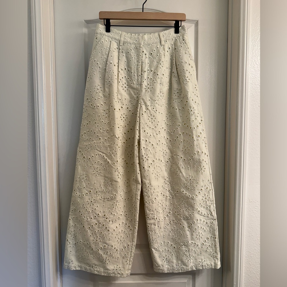 NWOT Caroline Constas Cream Eyelet Wide-Leg Trousers